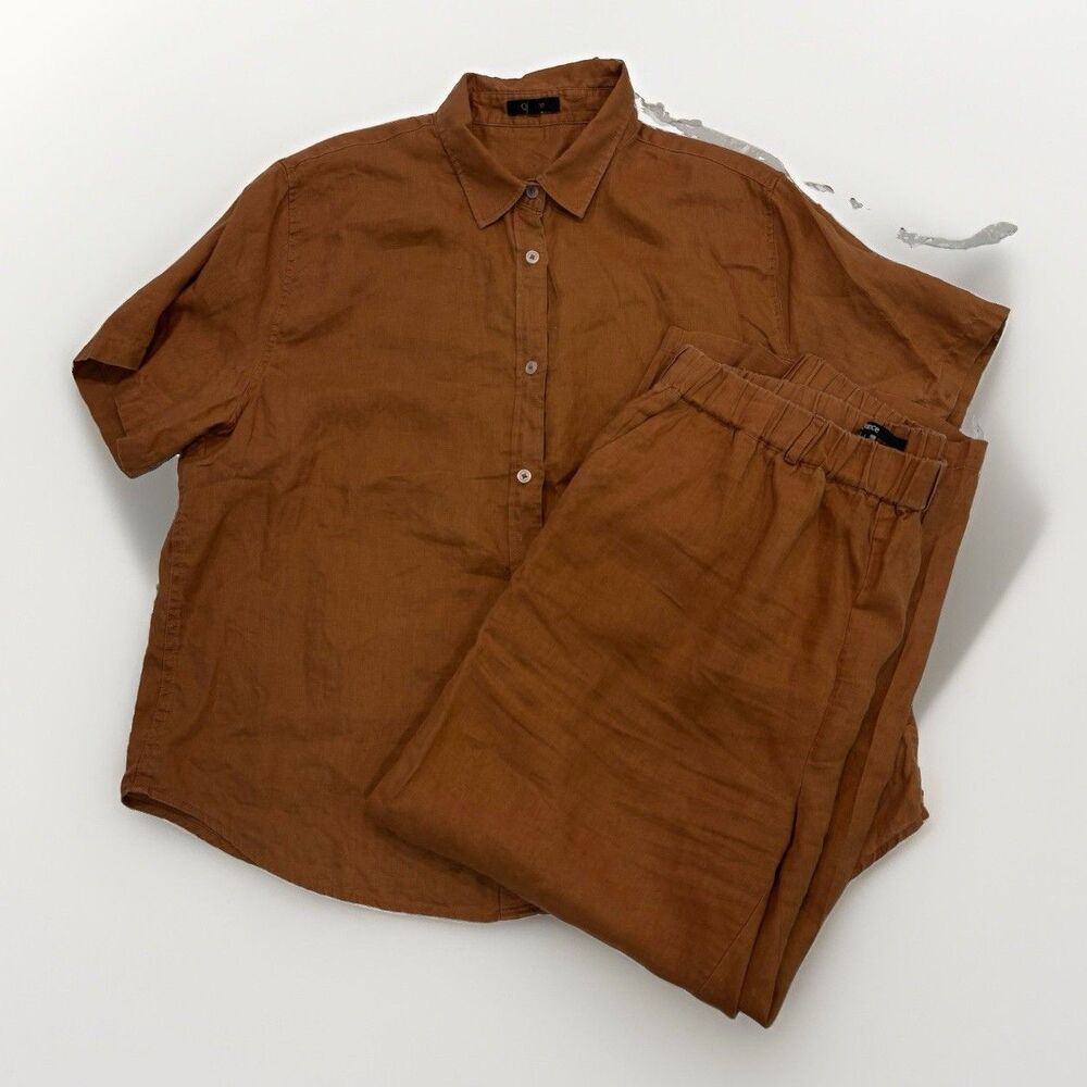 Quince Linen Set Womens Size Large Button Up Blouse Casual Pants Terracotta